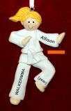 Martial Arts Karate Christmas Ornament Blond Female Orange Belt Personalized FREE at PersonalizedOrnamentsMarket.com by Russell Rhodes