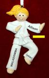 Martial Arts Karate Christmas Ornament Blond Female Yellow Belt Personalized FREE at PersonalizedOrnamentsMarket.com by Russell Rhodes