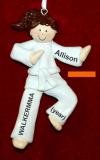 Martial Arts Karate Christmas Ornament Brunette Female Orange Belt Personalized FREE at PersonalizedOrnamentsMarket.com by Russell Rhodes