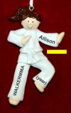 Martial Arts Karate Christmas Ornament Brunette Female Yellow Belt Personalized FREE at PersonalizedOrnamentsMarket.com by Russell Rhodes