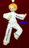 Martial Arts Karate Christmas Ornament Blond Male Blue Belt Personalized FREE at PersonalizedOrnamentsMarket.com by Russell Rhodes