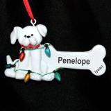 White Dog Christmas Ornament Bone with Lights Personalized FREE at PersonalizedOrnamentsMarket.com by Russell Rhodes