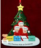 Family Christmas Ornament in Front of Tree for 3 with Pets Personalized FREE at PersonalizedOrnamentsMarket.com by Russell Rhodes