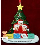 Family Christmas Ornament in Front of Tree Just the 3 Kids with Pets Personalized FREE at PersonalizedOrnamentsMarket.com by Russell Rhodes