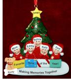 Family Christmas Ornament in Front of Tree for 5 with Pets Personalized FREE at PersonalizedOrnamentsMarket.com by Russell Rhodes