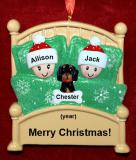 Family Christmas Ornament Cozy & Warm, the 2 Kids with 1 Dog, Cat, Pets Custom Add-ons Personalized FREE at PersonalizedOrnamentsMarket.com by Russell Rhodes