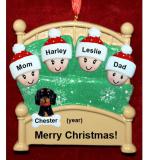 Family Christmas Ornament Cozy & Warm for 4 with 1 Dog, Cat, Pets Custom Add-ons Personalized FREE at PersonalizedOrnamentsMarket.com by Russell Rhodes