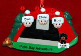 Family Camping Christmas Ornament Adventure for 3 with 1 Dog, Cat, Pets Custom Add-ons Personalized FREE at PersonalizedOrnamentsMarket.com by Russell Rhodes