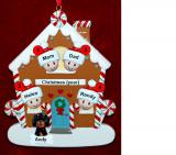 Family of 4 Gingerbread House Christmas Ornament with 1 Dog, Cat, Pets Custom Add-ons Personalized FREE at PersonalizedOrnamentsMarket.com by Russell Rhodes