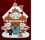 Family of 4 Gingerbread House Christmas Ornament with 2 Dogs, Cats, Pets Custom Add-ons Personalized FREE at PersonalizedOrnamentsMarket.com by Russell Rhodes