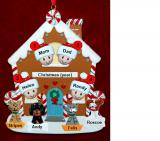 Family of 4 Gingerbread House Christmas Ornament with 4 Dogs, Cats, Pets Custom Add-ons Personalized FREE at PersonalizedOrnamentsMarket.com by Russell Rhodes