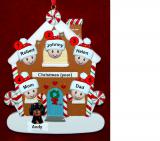 Family of 5 Gingerbread House Christmas Ornament with 1 Dog, Cat, Pets Custom Add-ons Personalized FREE at PersonalizedOrnamentsMarket.com by Russell Rhodes