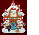 Family of 5 Gingerbread House Christmas Ornament with 2 Dogs, Cats, Pets Custom Add-ons Personalized FREE at PersonalizedOrnamentsMarket.com by Russell Rhodes