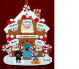 Family of 5 Gingerbread House Christmas Ornament with 3 Dogs, Cats, Pets Custom Add-ons Personalized FREE at PersonalizedOrnamentsMarket.com by Russell Rhodes