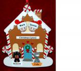 Couples Gingerbread House Christmas Ornament with 2 Dogs, Cats, Pets Custom Add-ons Personalized FREE at PersonalizedOrnamentsMarket.com by Russell Rhodes