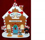 Couples Gingerbread House Christmas Ornament with 3 Dogs, Cats, Pets Custom Add-ons Personalized FREE at PersonalizedOrnamentsMarket.com by Russell Rhodes