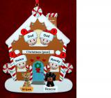 Family of 4 Gingerbread House Christmas Ornament with 2 Dogs, Cats, Pets Custom Add-ons Personalized FREE at PersonalizedOrnamentsMarket.com by Russell Rhodes