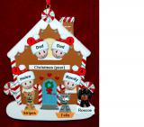 Family of 4 Gingerbread House Christmas Ornament with 3 Dogs, Cats, Pets Custom Add-ons Personalized FREE at PersonalizedOrnamentsMarket.com by Russell Rhodes