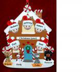 Family of 5 Gingerbread House Christmas Ornament with 4 Dogs, Cats, Pets Custom Add-ons Personalized FREE at PersonalizedOrnamentsMarket.com by Russell Rhodes