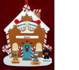 Couples Gingerbread House Christmas Ornament with 3 Dogs, Cats, Pets Custom Add-ons Personalized FREE at PersonalizedOrnamentsMarket.com by Russell Rhodes