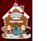 Couples Gingerbread House Christmas Ornament with 4 Dogs, Cats, Pets Custom Add-ons Personalized FREE at PersonalizedOrnamentsMarket.com by Russell Rhodes