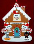 Family of 3 Gingerbread House Christmas Ornament with 2 Dogs, Cats, Pets Custom Add-ons Personalized FREE at PersonalizedOrnamentsMarket.com by Russell Rhodes