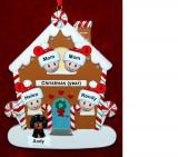 Family of 4 Gingerbread House Christmas Ornament with 1 Dog, Cat, Pets Custom Add-ons Personalized FREE at PersonalizedOrnamentsMarket.com by Russell Rhodes