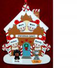 Family of 4 Gingerbread House Christmas Ornament with 2 Dogs, Cats, Pets Custom Add-ons Personalized FREE at PersonalizedOrnamentsMarket.com by Russell Rhodes