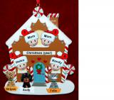 Family of 4 Gingerbread House Christmas Ornament with 3 Dogs, Cats, Pets Custom Add-ons Personalized FREE at PersonalizedOrnamentsMarket.com by Russell Rhodes