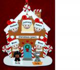 Family of 5 Gingerbread House Christmas Ornament with 2 Dogs, Cats, Pets Custom Add-ons Personalized FREE at PersonalizedOrnamentsMarket.com by Russell Rhodes