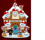 Family of 5 Gingerbread House Christmas Ornament with 4 Dogs, Cats, Pets Custom Add-ons Personalized FREE at PersonalizedOrnamentsMarket.com by Russell Rhodes