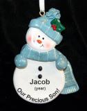 Son Christmas Ornament Frosty Blue Snowman Personalized FREE at PersonalizedOrnamentsMarket.com by Russell Rhodes