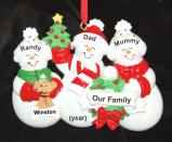 Family Christmas Ornament Snow Fam for 3 with Dogs, Cats, Pets Custom Added Personalized FREE at PersonalizedOrnamentsMarket.com by Russell Rhodes