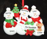 Grandparents Christmas Ornament Snow Fam 3 Grandkids with Dogs, Cats, Pets Custom Added Personalized FREE at PersonalizedOrnamentsMarket.com by Russell Rhodes