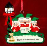 Family Christmas Ornament Caroling for 4 with Dogs, Cats, Pets Custom Added Personalized FREE at PersonalizedOrnamentsMarket.com by Russell Rhodes