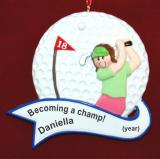 Golf Christmas Ornament Mastering the Links Female Personalized FREE at PersonalizedOrnamentsMarket.com by Russell Rhodes