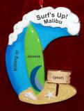 Surfing Christmas Ornament Favorite Beach Personalized FREE at PersonalizedOrnamentsMarket.com by Russell Rhodes