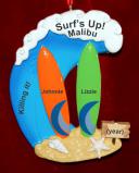 Surfing Christmas Ornament Favorite Beach for 2 Personalized FREE at PersonalizedOrnamentsMarket.com by Russell Rhodes