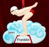 Swimming Christmas Ornament Male Star of the Pool Personalized FREE at PersonalizedOrnamentsMarket.com by Russell Rhodes