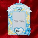 Baby's First Christmas Ornament Loving Hearts Photo Frame Blue Personalized FREE at PersonalizedOrnamentsMarket.com by Russell Rhodes