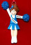 Cheerleader Christmas Ornament Female Brunette Blue Personalized FREE at PersonalizedOrnamentsMarket.com by Russell Rhodes