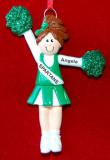 Cheerleader Christmas Ornament Female Brunette Green Personalized FREE at PersonalizedOrnamentsMarket.com by Russell Rhodes